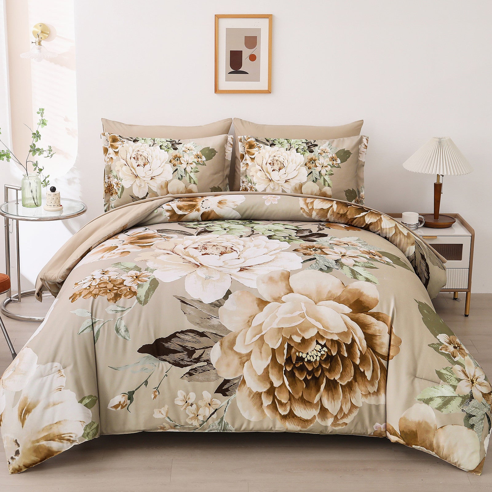 Cozy Floral Comforter Set, King Size, Quilted Warm Bedding with Pillowcases featuring large floral print on beige background in bedroom setting