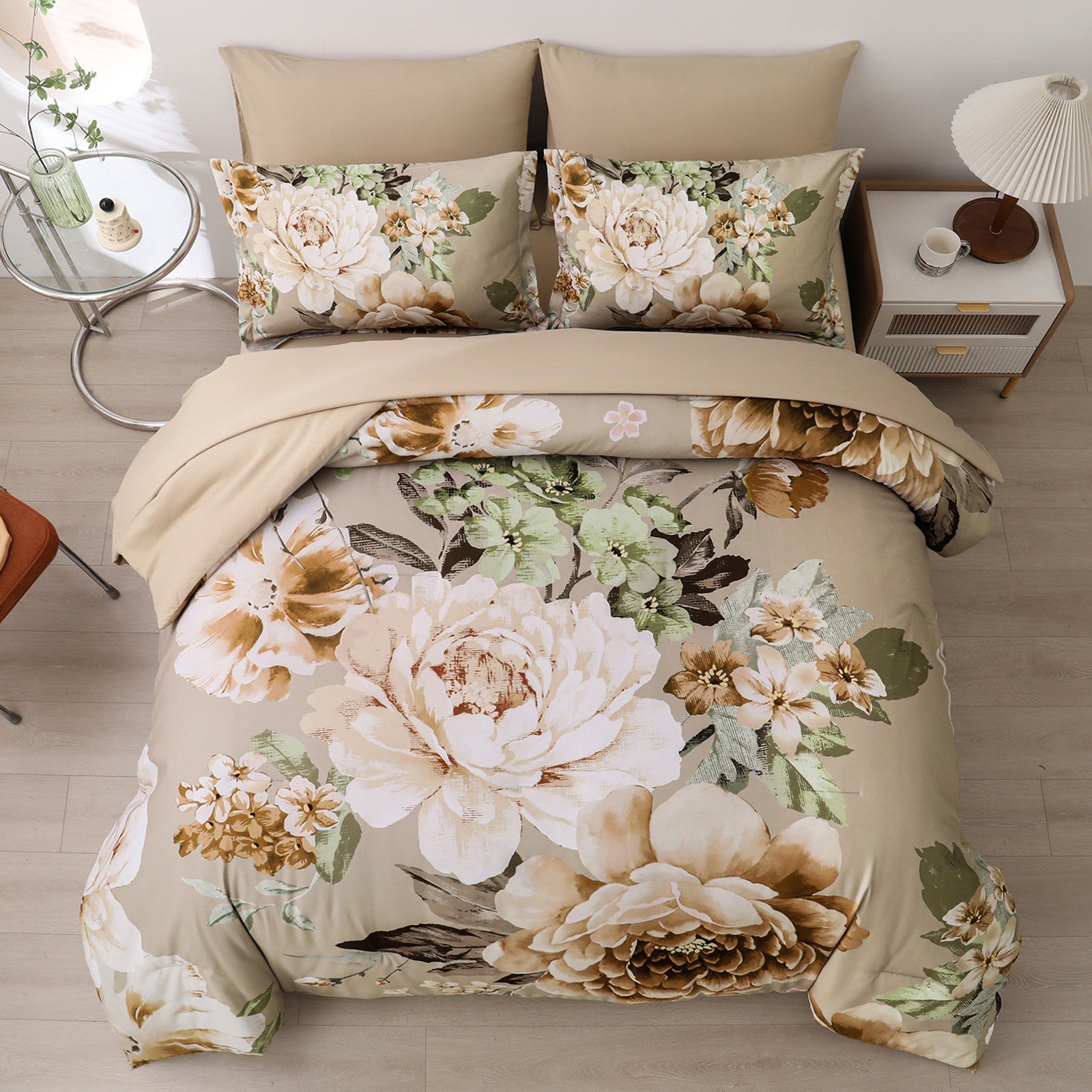 Cozy Floral Comforter Set, King Size, Quilted Warm Bedding with Pillowcases featuring neutral floral design on beige background in bedroom setting