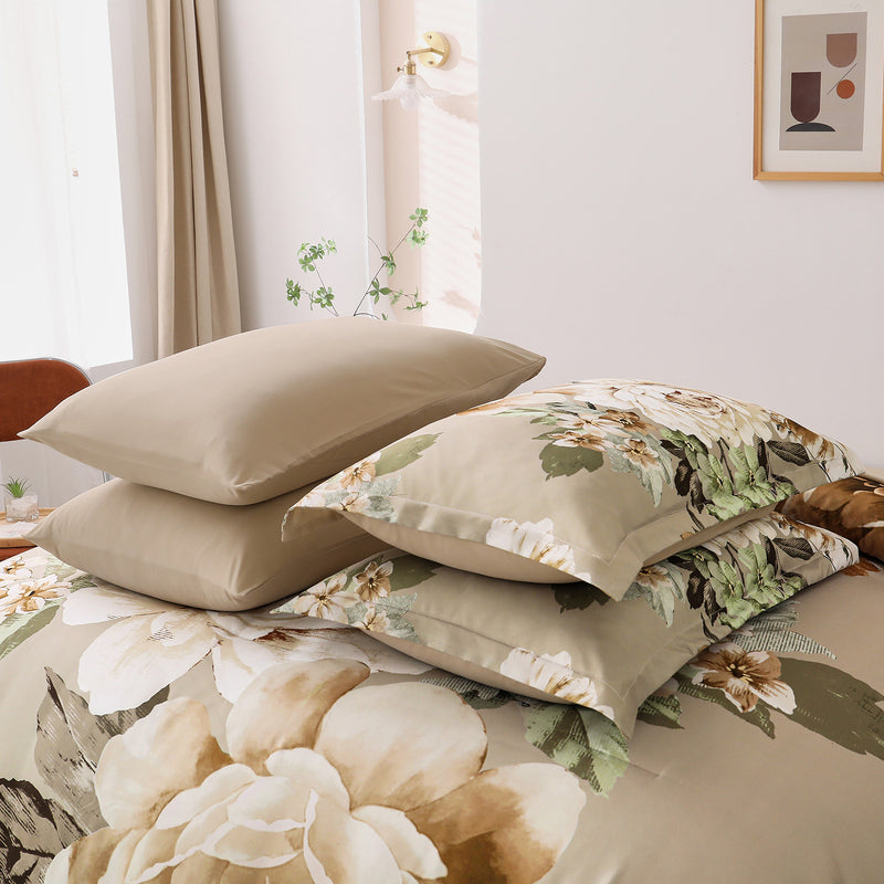 Cozy Floral Comforter Set, King Size, Quilted Warm Bedding with Pillowcases featuring beige floral print and solid pillow covers in a bedroom setting