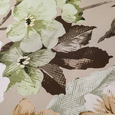 Close-up of floral pattern on Cozy Floral Comforter Set, King Size, Quilted Warm Bedding with Pillowcases in soft green and brown tones