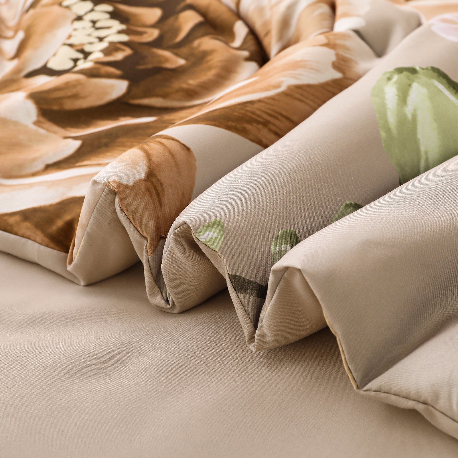 Close-up of Cozy Floral Comforter Set, King Size, Quilted Warm Bedding with Pillowcases showing floral pattern and soft fabric texture.
