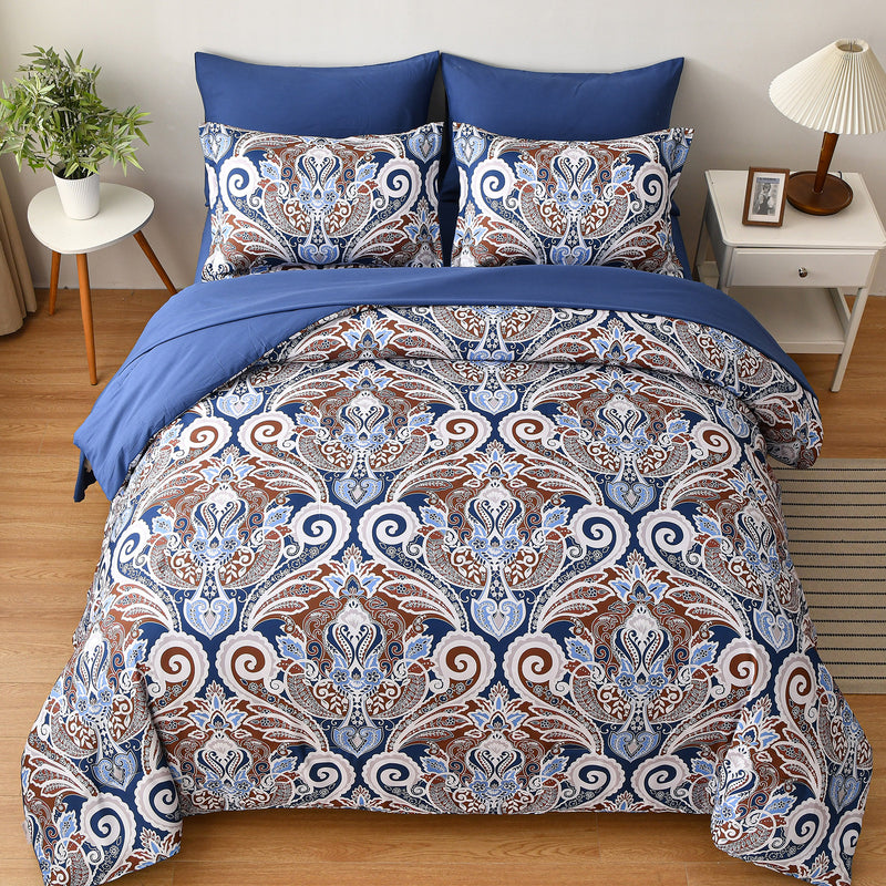 Floral Stripes Comforter Set, King Size, Elegant 3-Piece Bedding with Pillowcases in blue, brown, and white on bed.