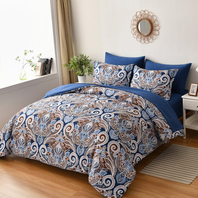 Floral Stripes Comforter Set, King Size, Elegant 3-Piece Bedding with Pillowcases in blue and brown paisley design on bedzy bed