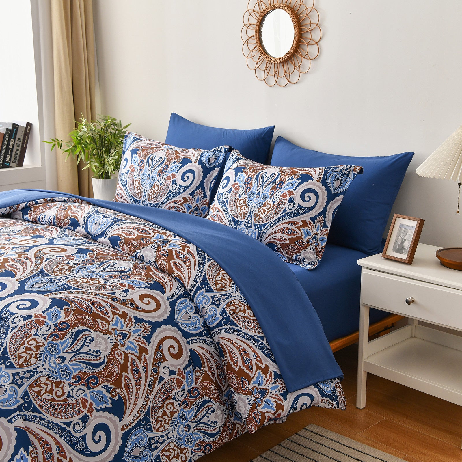 Floral Stripes Comforter Set, King Size, Elegant 3-Piece Bedding with Pillowcases in blue and brown paisley pattern on bed with white nightstand