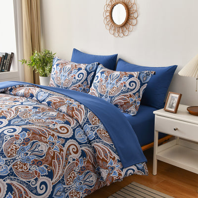 Floral Stripes Comforter Set, King Size, Elegant 3-Piece Bedding with Pillowcases in blue and brown paisley pattern on bed with white nightstand