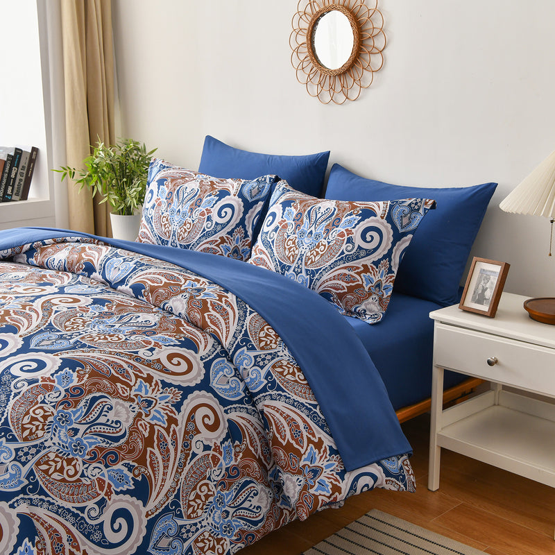 Floral Stripes Comforter Set, King Size, Elegant 3-Piece Bedding with Pillowcases in blue and brown paisley pattern on bed with white nightstand