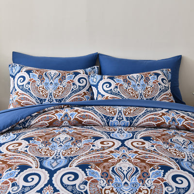 Floral Stripes Comforter Set, King Size, Elegant 3-Piece Bedding with Pillowcases featuring blue and brown intricate patterns and solid blue pillows