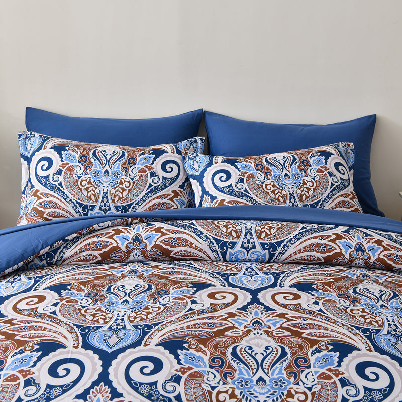 Floral Stripes Comforter Set, King Size, Elegant 3-Piece Bedding with Pillowcases featuring blue and brown intricate patterns and solid blue pillows