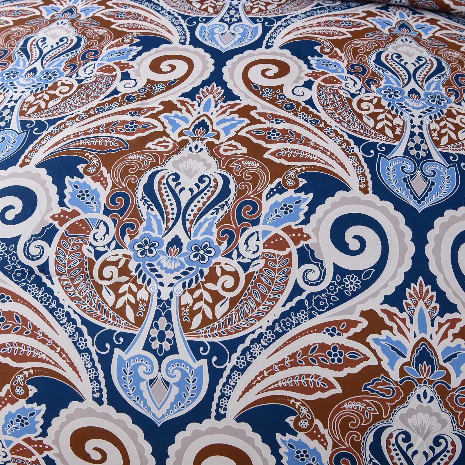 Close-up of blue and brown paisley pattern on Floral Stripes Comforter Set, King Size, Elegant 3-Piece Bedding with Pillowcases