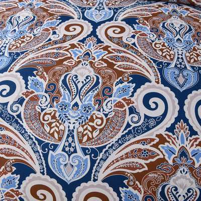Close-up of blue and brown paisley pattern on Floral Stripes Comforter Set, King Size, Elegant 3-Piece Bedding with Pillowcases