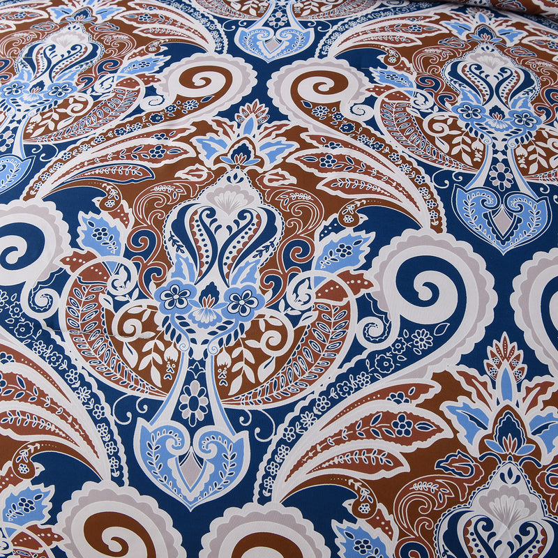 Close-up of blue and brown paisley pattern on Floral Stripes Comforter Set, King Size, Elegant 3-Piece Bedding with Pillowcases