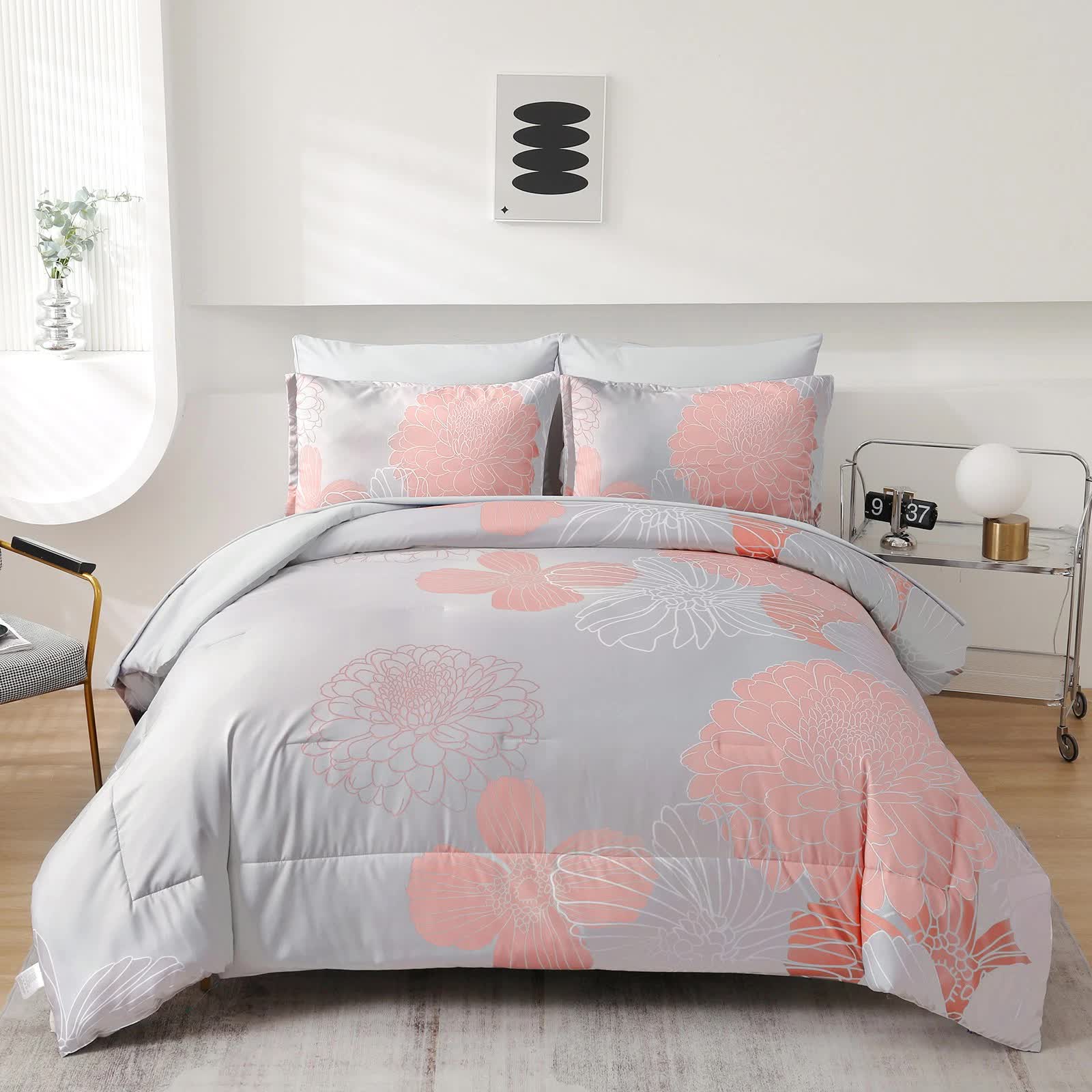 Zen Retreat Quilted Comforter Bundle – 3‑Piece Serenity Style with pink floral quilted bedding in a modern bedroom setting