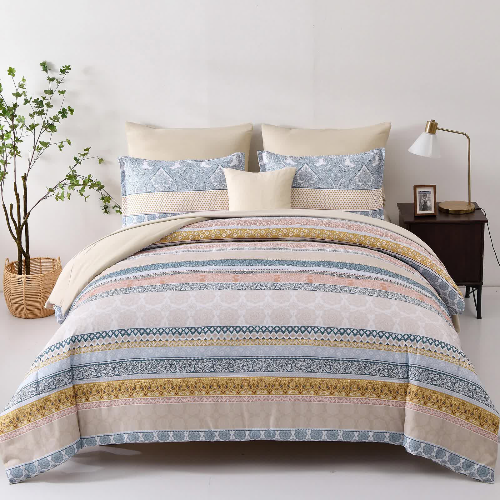 Luxe Loft Boho Quilted Comforter & Shams – Trending 3‑Piece Set with multicolor patterned bedding in bedroom setting