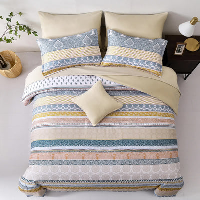 Luxe Loft Boho Quilted Comforter & Shams – Trending 3‑Piece Set with patterned comforter and solid beige pillows on bedzy bedroom furniture