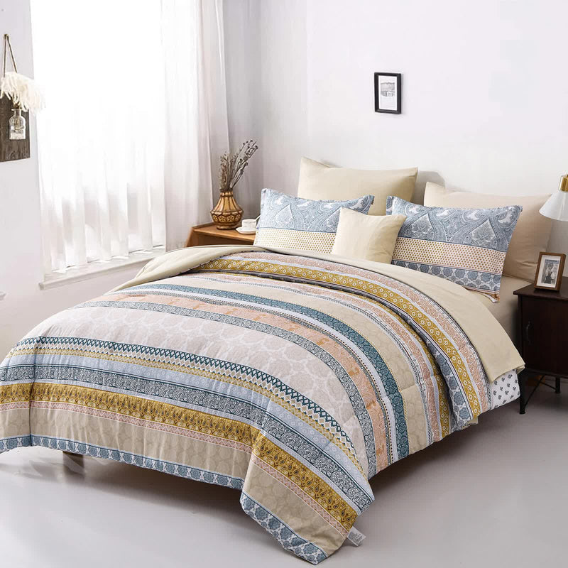 Luxe Loft Boho Quilted Comforter & Shams – Trending 3‑Piece Set displayed on bed with pillows in modern bedroom setting
