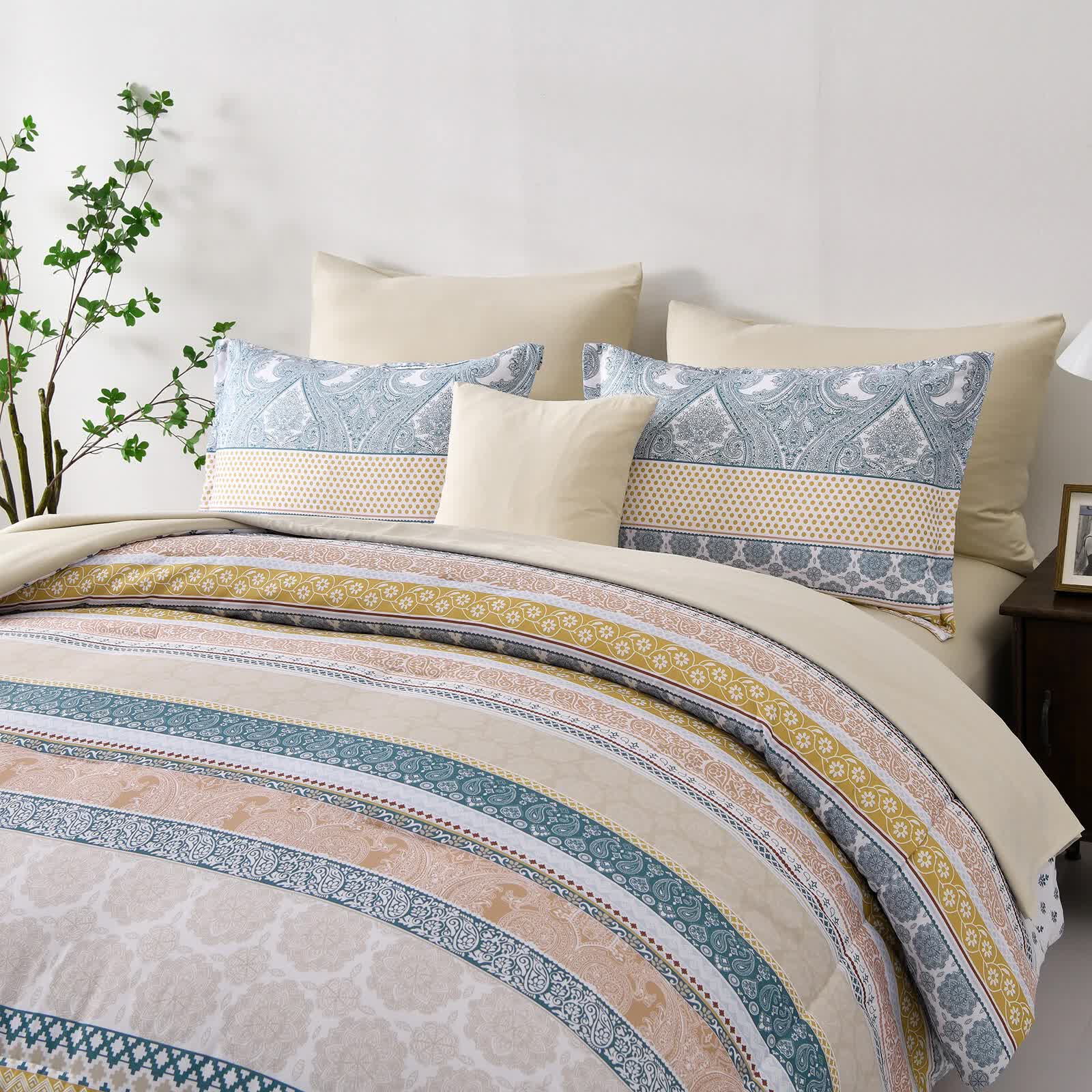 Luxe Loft Boho Quilted Comforter & Shams – Trending 3‑Piece Set with patterned bedding on a bed in a bedroom setting