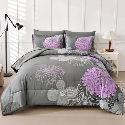 Cloud Nine grey purple Bedding – 3‑Piece Comforter Set for Everyday Chill with floral design on bed in modern bedroom setting