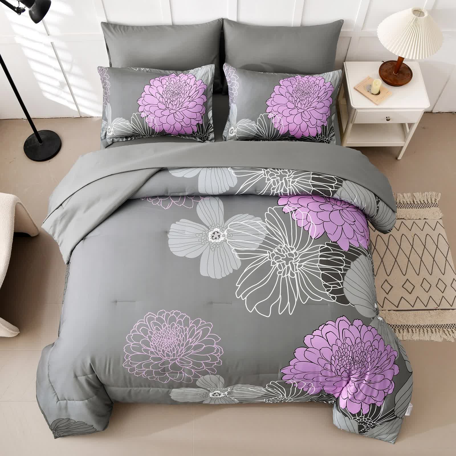 Cloud Nine grey purple Bedding – 3‑Piece Comforter Set for Everyday Chill with floral design on gray background on bed