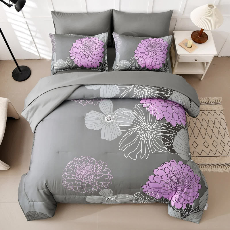 Cloud Nine grey purple Bedding – 3‑Piece Comforter Set for Everyday Chill with floral design on gray background on bed