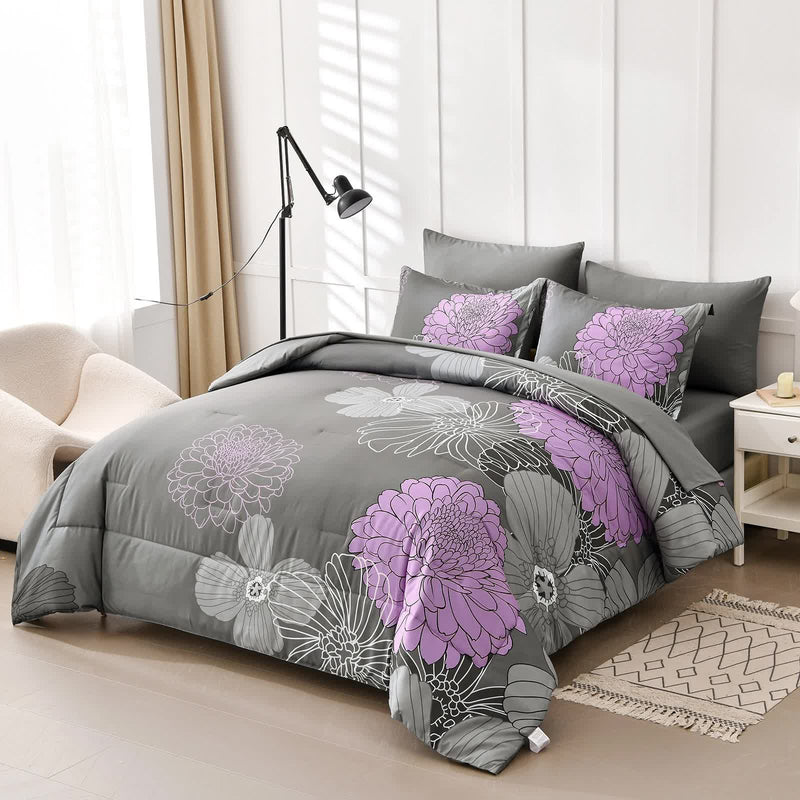 Cloud Nine grey purple Bedding – 3‑Piece Comforter Set for Everyday Chill with floral design on bed in modern bedroom