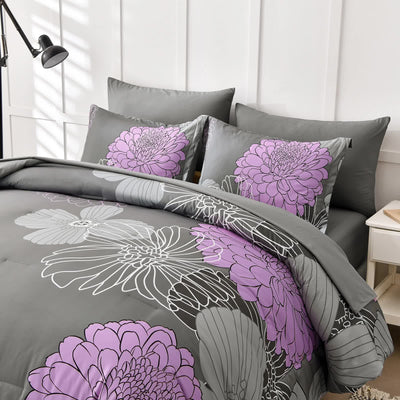 Cloud Nine grey purple Bedding – 3‑Piece Comforter Set for Everyday Chill with floral design on bed in bedroom setting