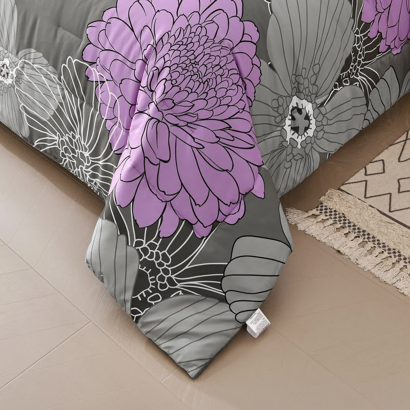 Cloud Nine grey purple Bedding – 3‑Piece Comforter Set for Everyday Chill with floral pattern on gray fabric in bedroom setting