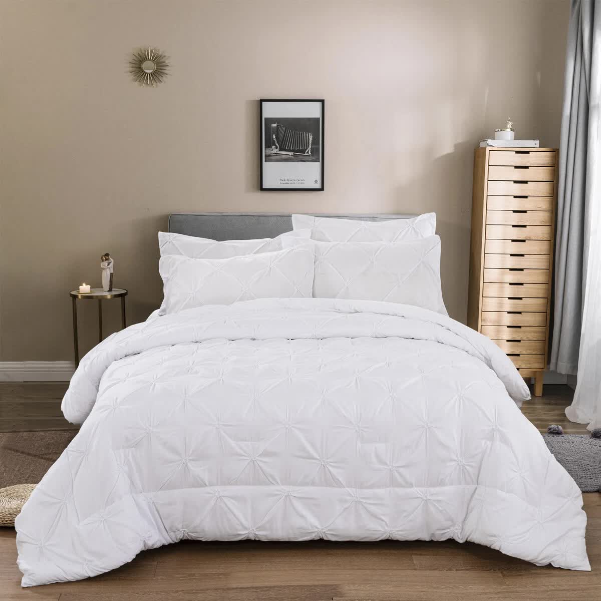 Minimal Mood white Comforter Collection – Modern 3‑Piece Set on bed in neutral bedroom with bedside table and wooden dresser