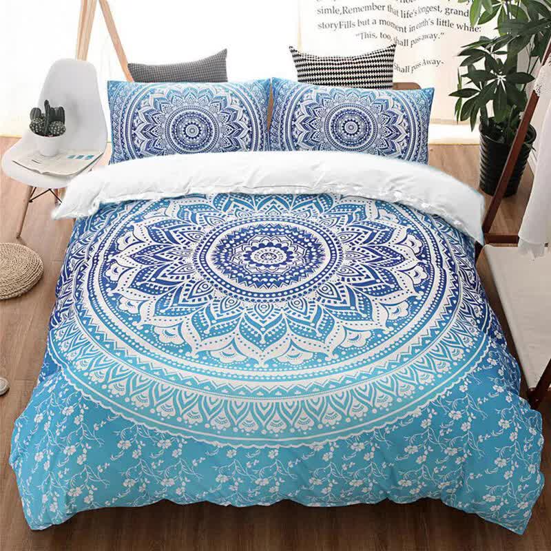 Dreamscape Sacred Circle Design Comforter Set – 3-Pcs Refreshing with blue mandala pattern on bed in modern bedroom setting