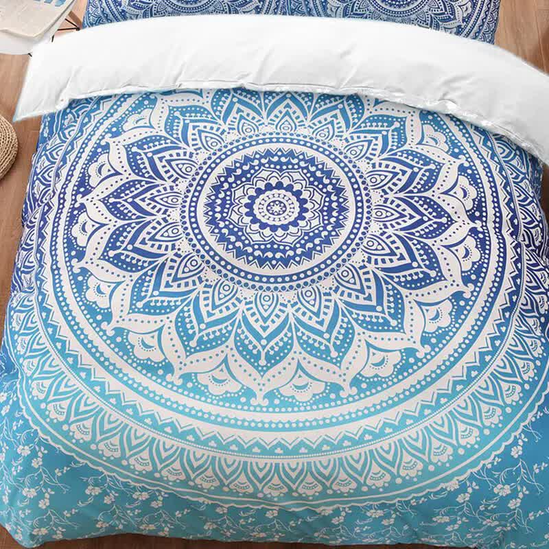 Dreamscape Sacred Circle Design Comforter Set – 3‑Pcs Refreshing with blue and white mandala pattern on bed