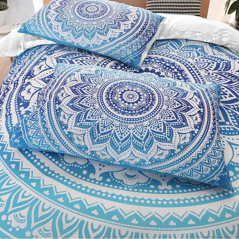 Dreamscape Sacred Circle Design Comforter Set – 3‑Pcs Refreshing with blue mandala pattern on bed in bedroom setting