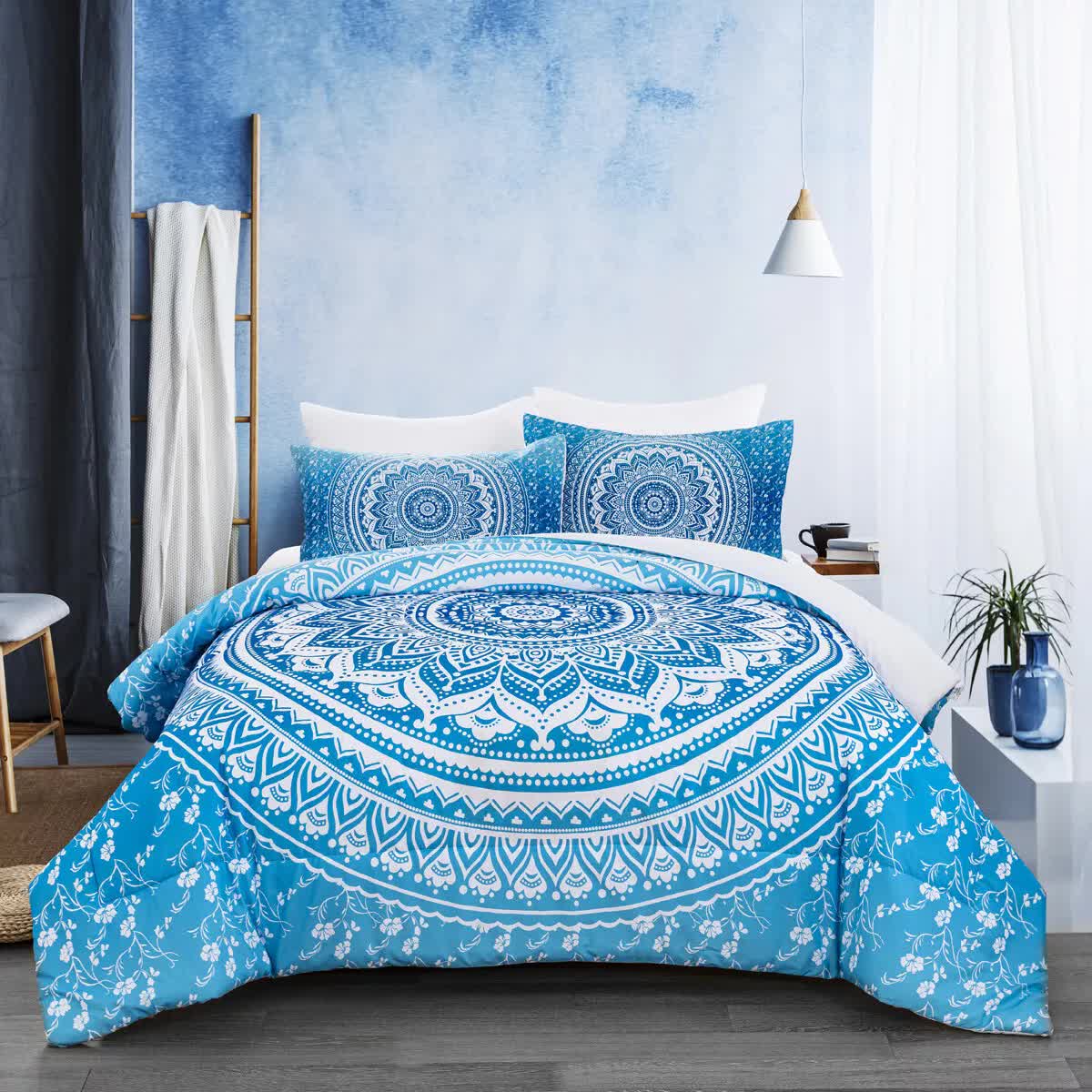 Dreamscape Sacred Circle Design Comforter Set – 3‑Pcs Refreshing with blue mandala pattern on bed in modern bedroom setting