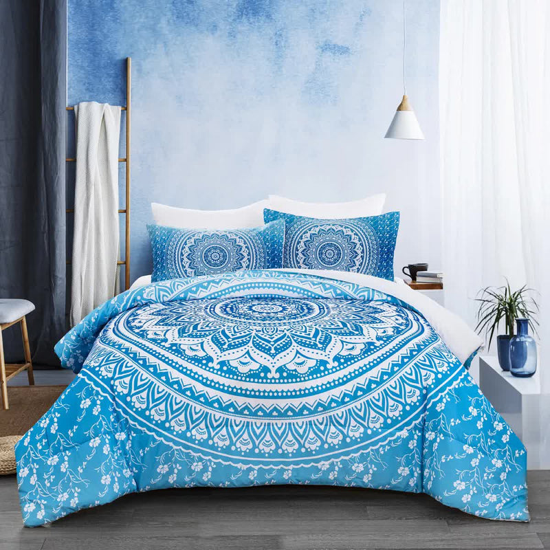 Dreamscape Sacred Circle Design Comforter Set – 3‑Pcs Refreshing with blue mandala pattern on bed in modern bedroom setting