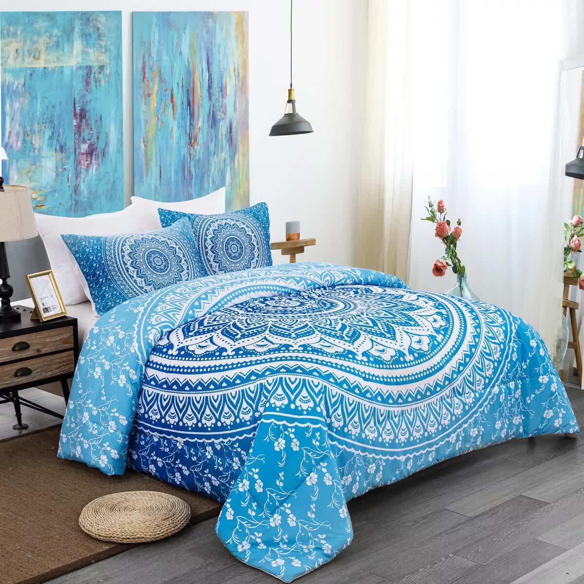 Dreamscape Sacred Circle Design Comforter Set – 3‑Pcs Refreshing with blue mandala pattern on bed in modern bedroom setting