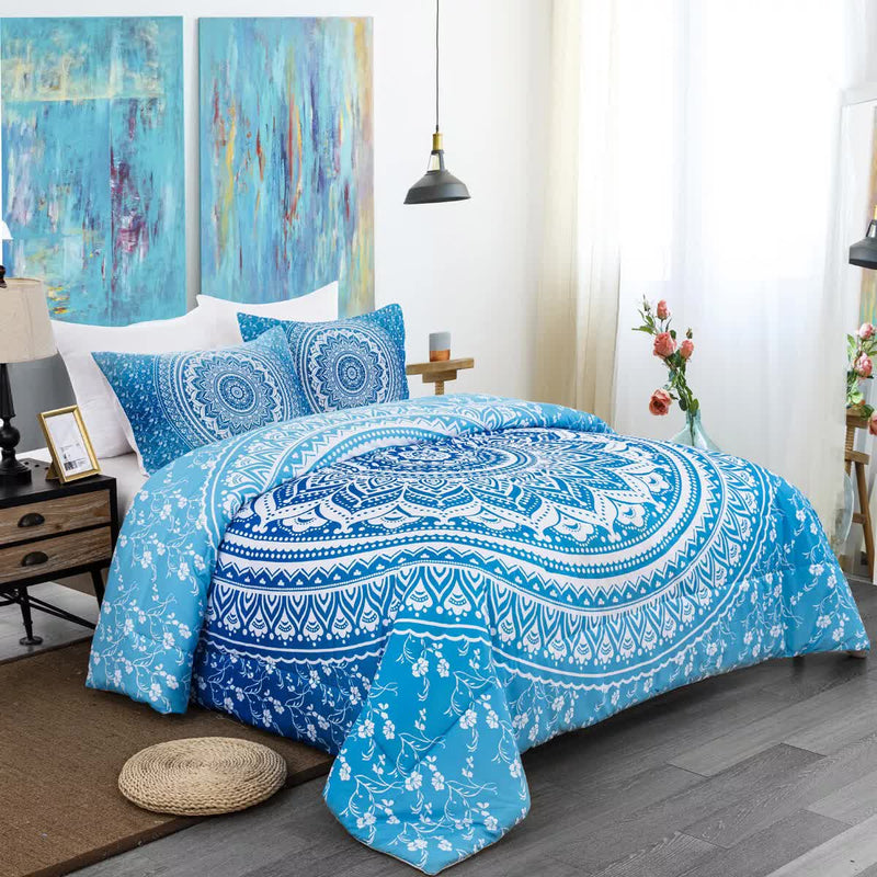 Dreamscape Sacred Circle Design Comforter Set – 3‑Pcs Refreshing with blue mandala pattern on bed in modern bedroom setting