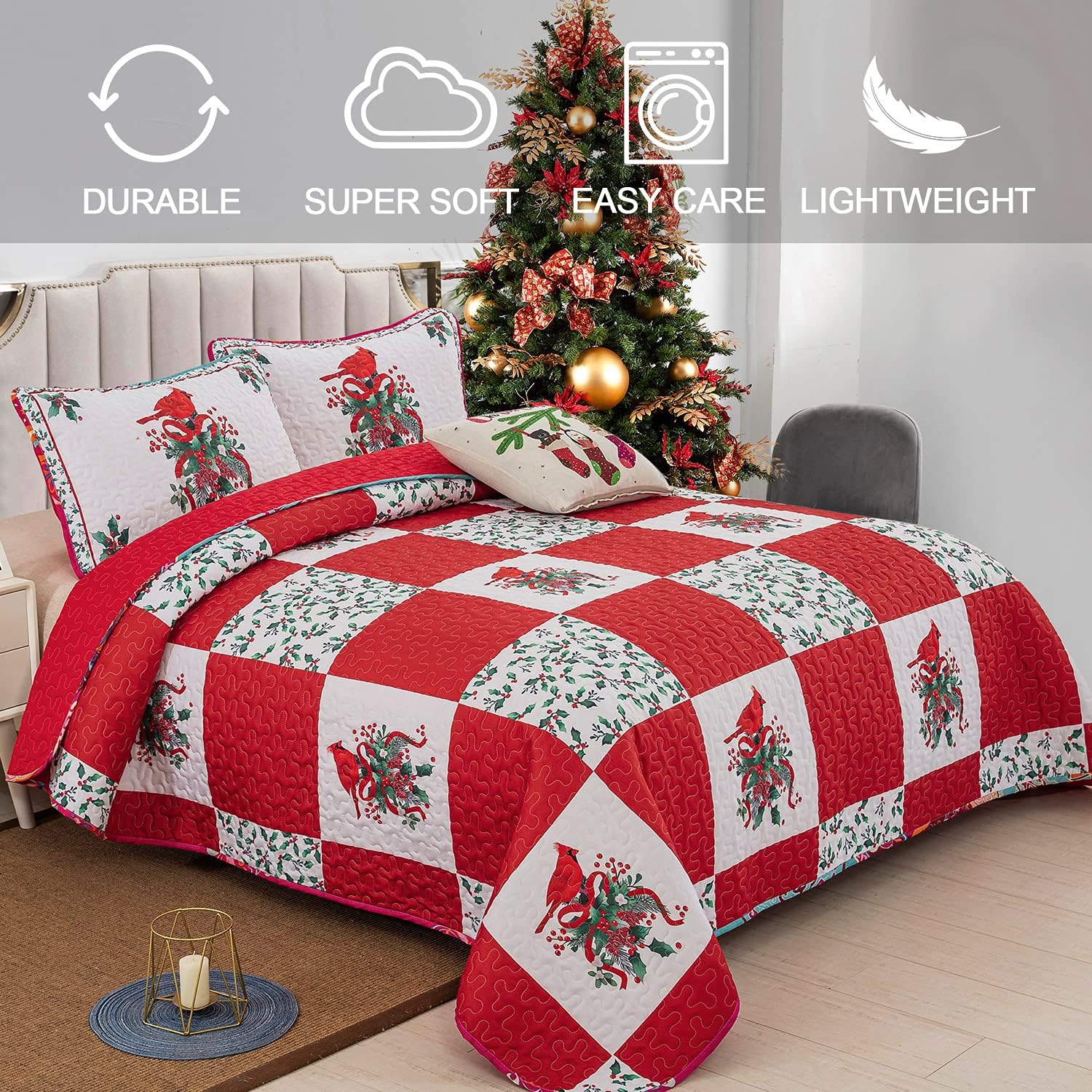 Elegant Red, greem & White Christmas Queen Bedspread Set with festive quilt pattern on queen bed in decorated bedroom