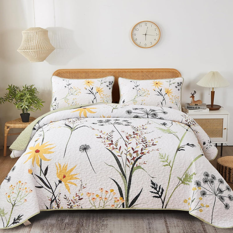 Decorative Quilted Coverlet and Pillowcases Set: Elevate Your Home Decor - Queen size with floral design on bedzy bed in bedroom setting