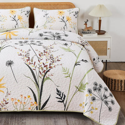 Decorative Quilted Coverlet and Pillowcases Set: Elevate Your Home Decor - Queen size with floral pattern on bed in cozy bedroom setting