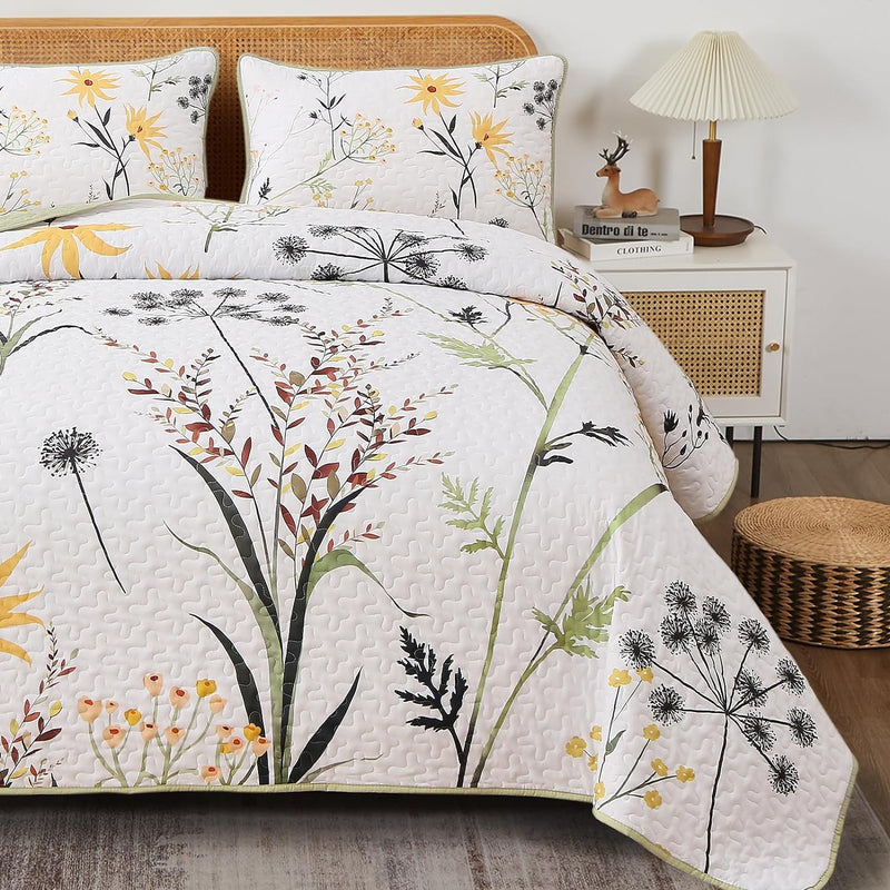 Decorative Quilted Coverlet and Pillowcases Set: Elevate Your Home Decor - Queen size with floral pattern on bed in cozy bedroom setting