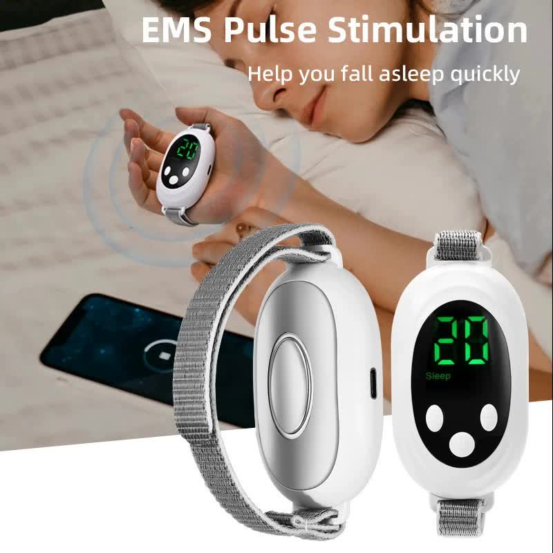 White EMS Sleep Aid Device with Pulse Stimulation - Portable Adjustable Sleep Support Bracelet shown with digital display and sleep mode