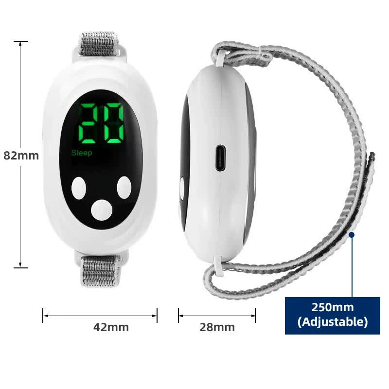 Green EMS Sleep Aid Device with Pulse Stimulation - Portable Adjustable Sleep Support Bracelet shown with size dimensions and adjustable strap