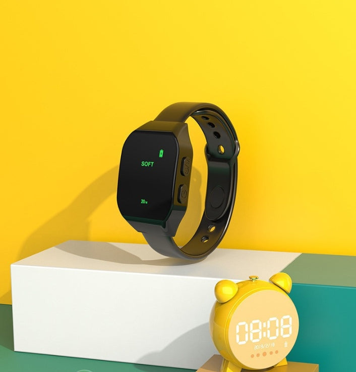 Black Smart Microcurrent Wristband Sleep Aid - Wearable Sleep Assistance Device displayed on white block with yellow background
