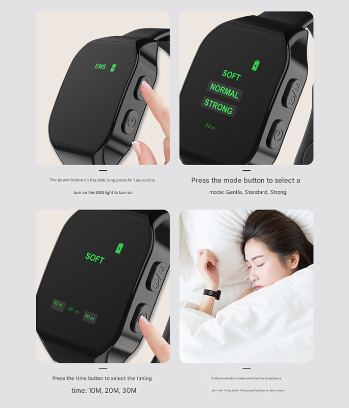 Black Smart Microcurrent Wristband Sleep Aid - Wearable Sleep Assistance Device shown with mode and timer settings and worn during sleep