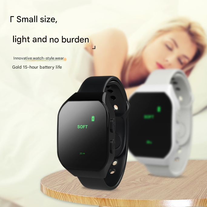 Pink Smart Microcurrent Wristband Sleep Aid - Wearable Sleep Assistance Device shown in black and white on wooden surface with blurred sleeping person</