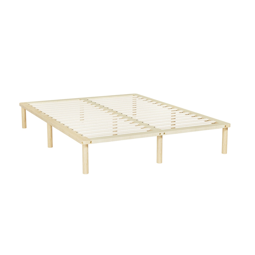 Amba Minimalist Double Wooden Bed Frame Pine with slatted base and sturdy legs, showcasing simple natural pinewood design