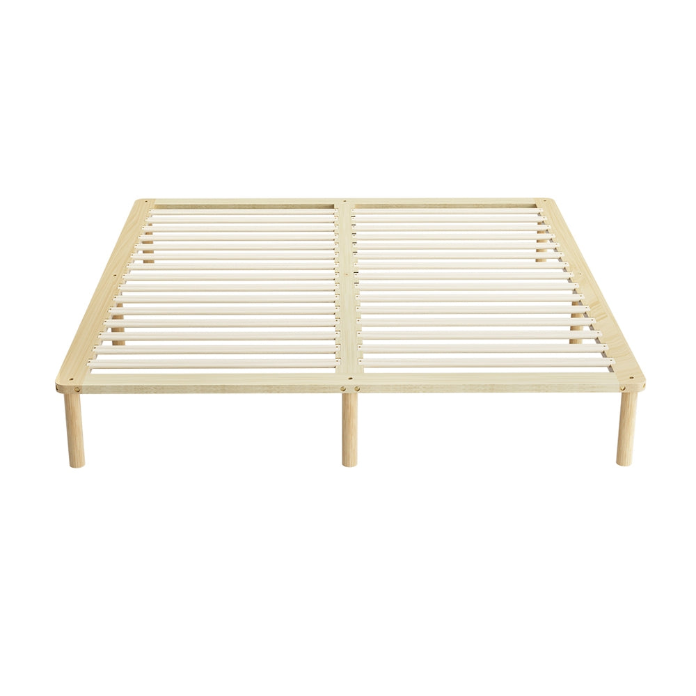 Amba Minimalist King Wooden Bed Frame Pine with sturdy pinewood slats and simple legs, showcasing minimalist bedroom furniture design