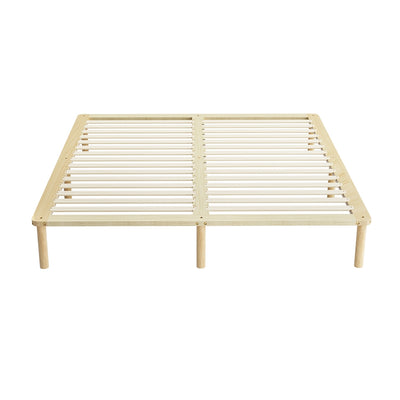 Amba Minimalist King Wooden Bed Frame Pine with sturdy pinewood slats and simple legs, showcasing minimalist bedroom furniture design