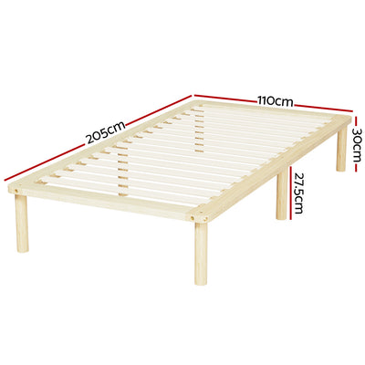 Amba Minimalist King Single Wooden Bed Frame Pine with slatted base and natural pine finish, shown with dimensions