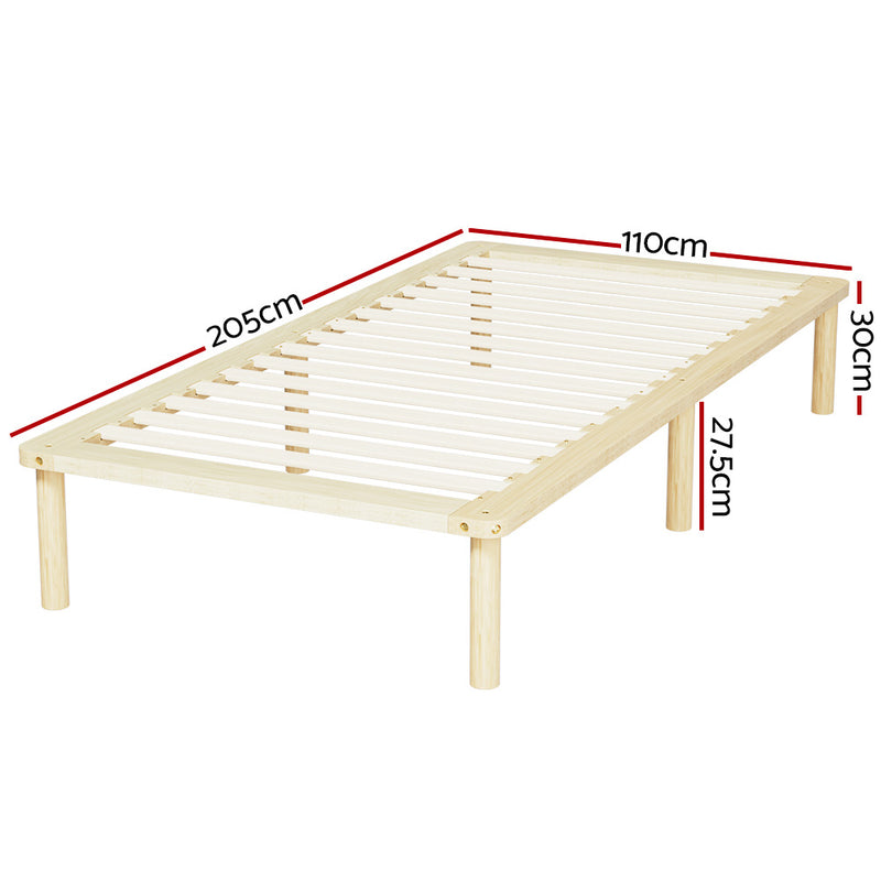 Amba Minimalist King Single Wooden Bed Frame Pine with slatted base and natural pine finish, shown with dimensions