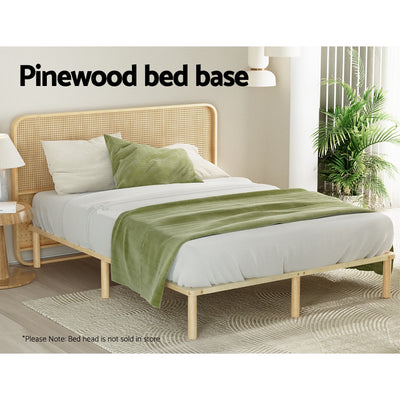 Amba Minimalist Queen Wooden Bed Frame Pine with pinewood base, styled with white bedding and green throw in bedroom setting