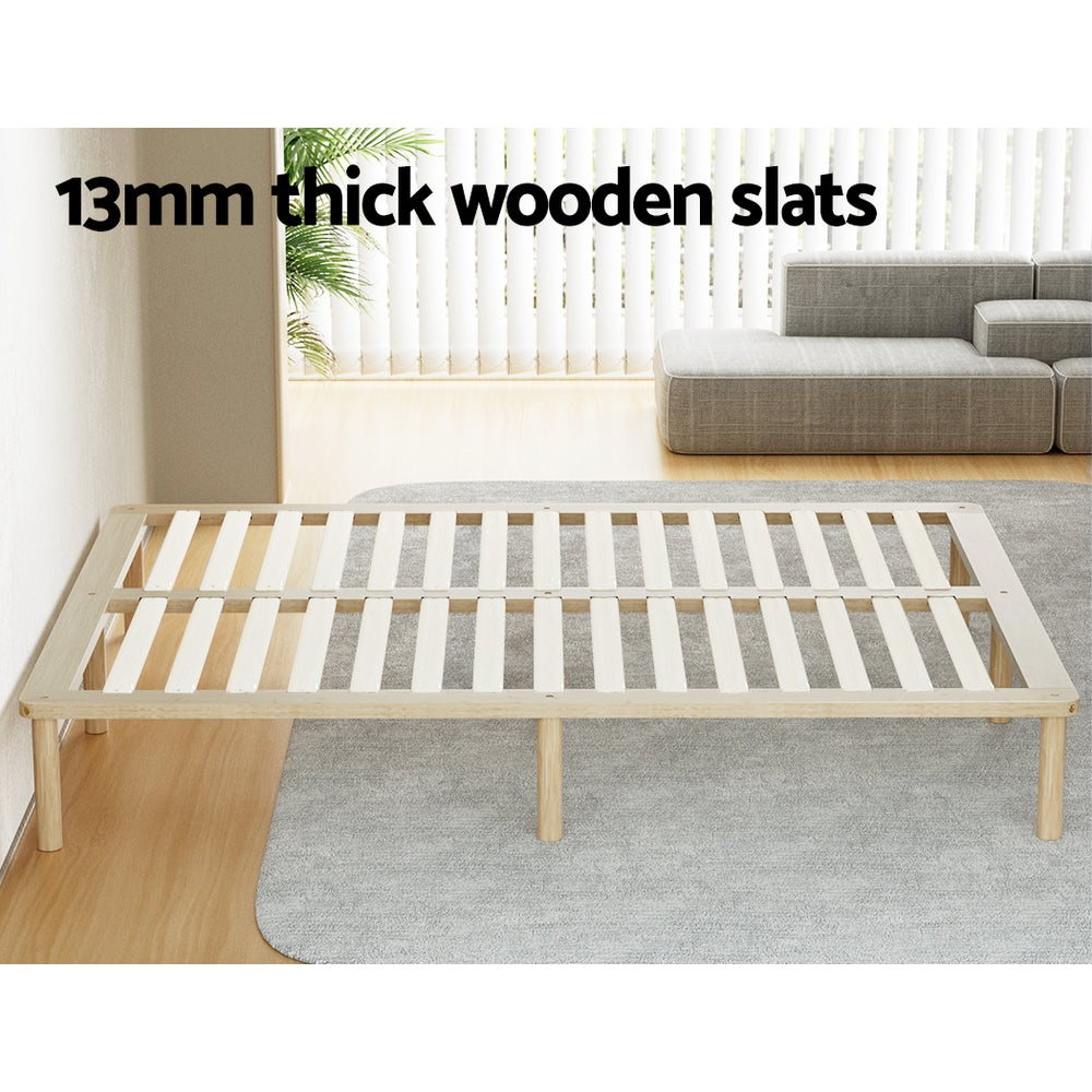 Amba Minimalist Queen Wooden Bed Frame Pine with sturdy 13mm thick wooden slats in a modern living room setting